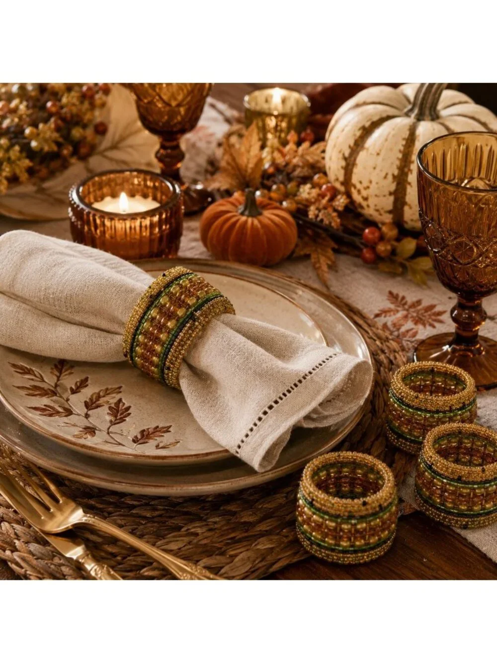 Vintage Pier 1 Imports Beaded Napkin Rings Set 4 Boho Fall Rustic Table Decor